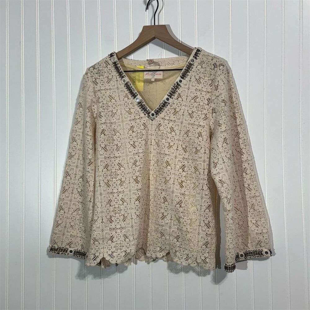 Miss June Paris Crochet Lace Top Beaded NWT S/M‎ Cream Boho Festival Embellished